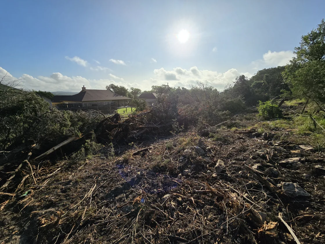 Pile of cut cedar and brush pushed together on a cleared lot, cedar clearing