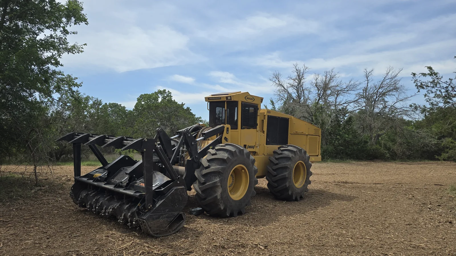 Land clearing with a wheeled forestry mulcher on freshly mulched ground at the edge of the trees